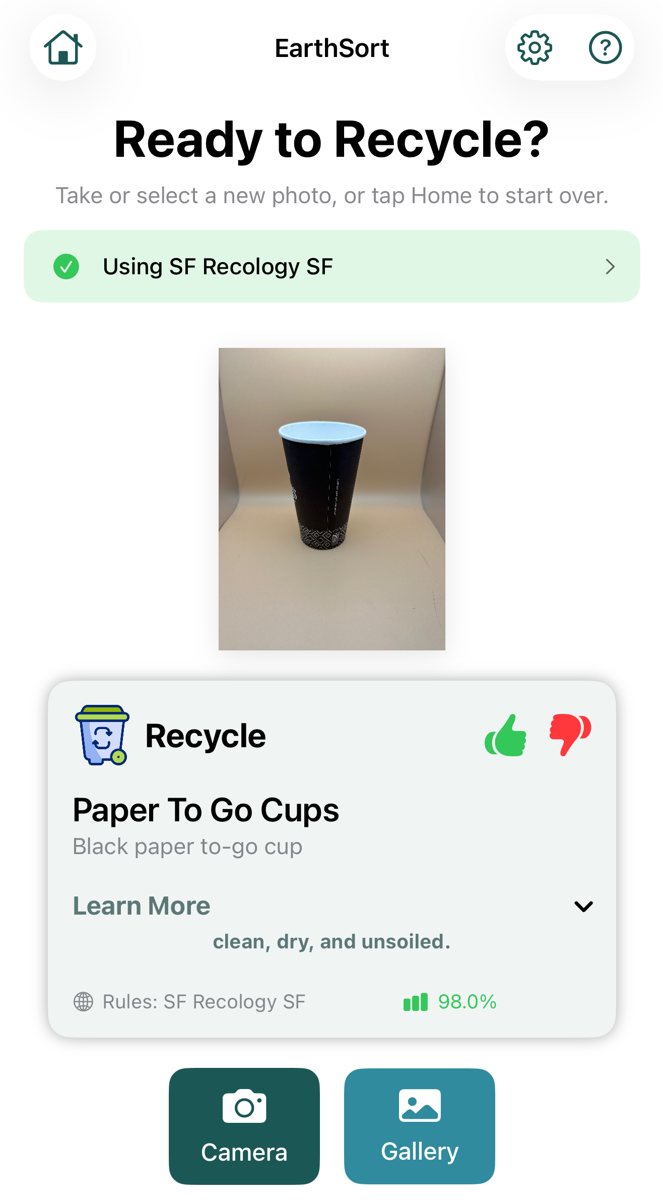EarthSort identifying a coffee cup for San Francisco recycling rules